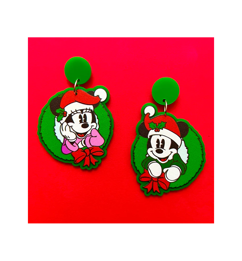 Boucles d'oreilles Mickey et Minnie couronne Noël